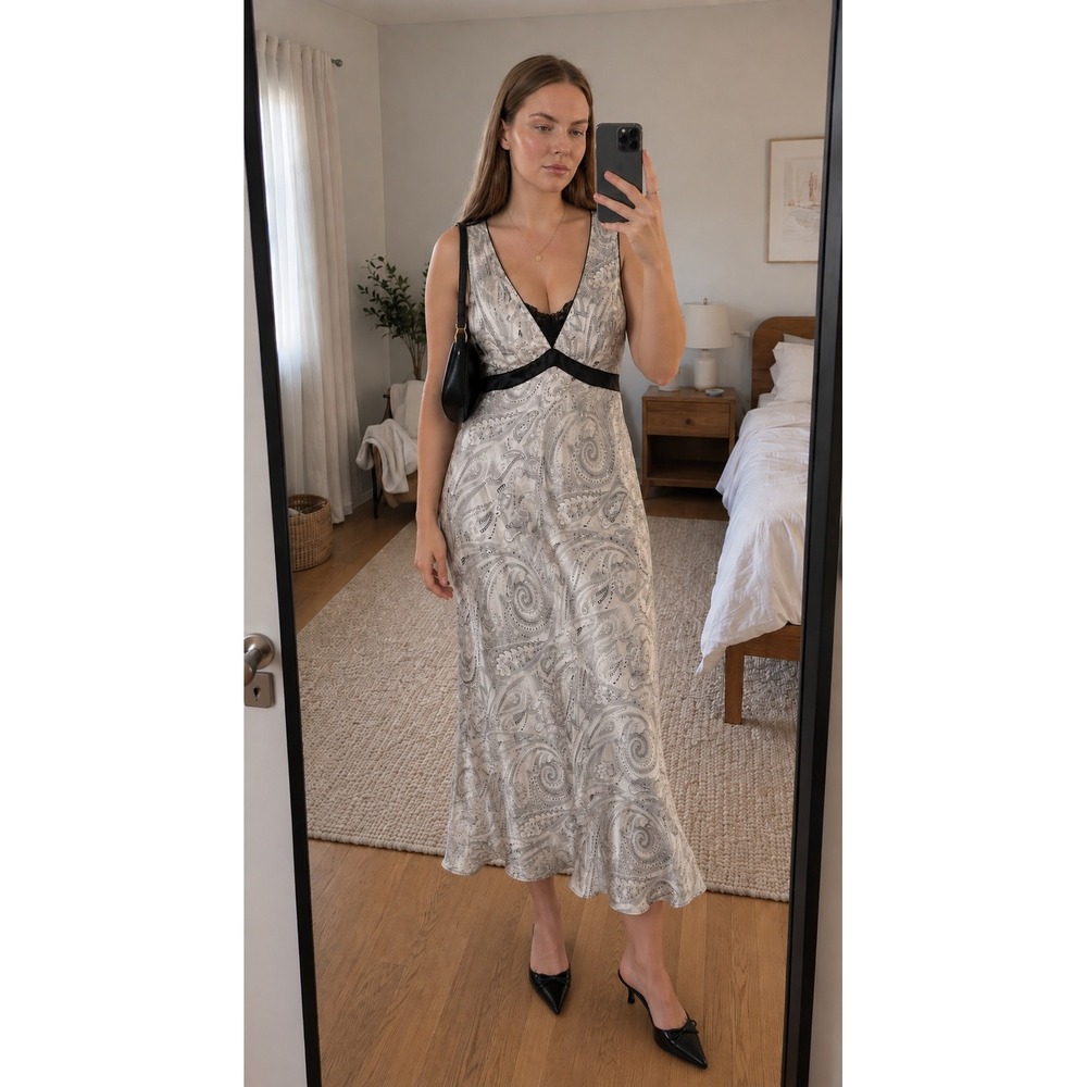 Y2K Morgan Taylor Slip‎ Midi Dress L Paisley Mesh Back Lace Trim 90s Minimalist